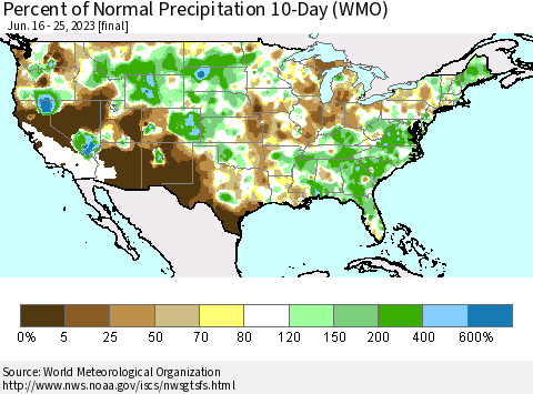 United States Percent of Normal Precipitation 10-Day (WMO) Thematic Map For 6/16/2023 - 6/25/2023