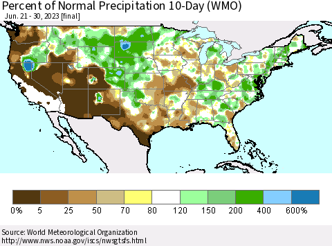 United States Percent of Normal Precipitation 10-Day (WMO) Thematic Map For 6/21/2023 - 6/30/2023