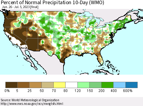 United States Percent of Normal Precipitation 10-Day (WMO) Thematic Map For 6/26/2023 - 7/5/2023