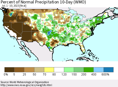 United States Percent of Normal Precipitation 10-Day (WMO) Thematic Map For 7/1/2023 - 7/10/2023