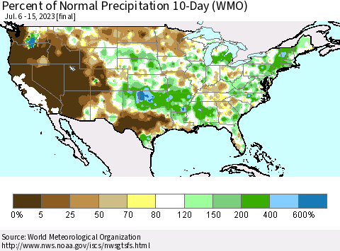 United States Percent of Normal Precipitation 10-Day (WMO) Thematic Map For 7/6/2023 - 7/15/2023