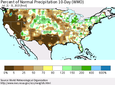 United States Percent of Normal Precipitation 10-Day (WMO) Thematic Map For 7/21/2023 - 7/31/2023