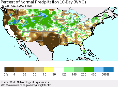 United States Percent of Normal Precipitation 10-Day (WMO) Thematic Map For 7/26/2023 - 8/5/2023