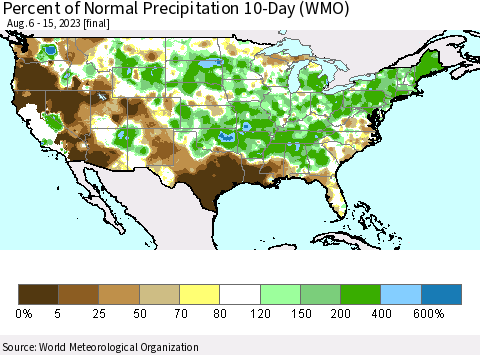 United States Percent of Normal Precipitation 10-Day (WMO) Thematic Map For 8/6/2023 - 8/15/2023