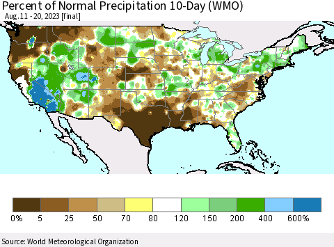 United States Percent of Normal Precipitation 10-Day (WMO) Thematic Map For 8/11/2023 - 8/20/2023