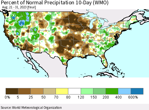 United States Percent of Normal Precipitation 10-Day (WMO) Thematic Map For 8/21/2023 - 8/31/2023