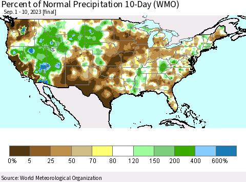 United States Percent of Normal Precipitation 10-Day (WMO) Thematic Map For 9/1/2023 - 9/10/2023