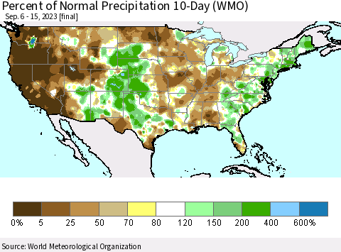 United States Percent of Normal Precipitation 10-Day (WMO) Thematic Map For 9/6/2023 - 9/15/2023