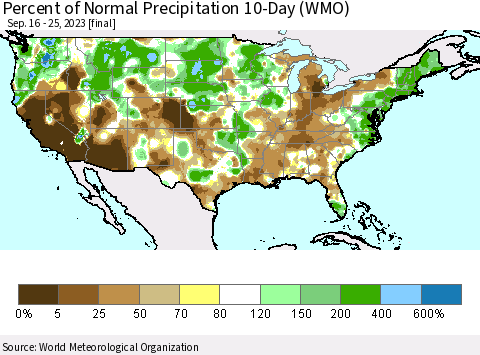 United States Percent of Normal Precipitation 10-Day (WMO) Thematic Map For 9/16/2023 - 9/25/2023