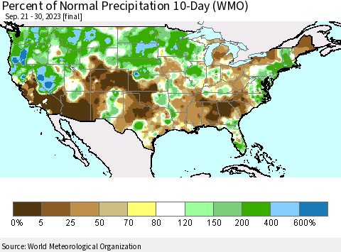 United States Percent of Normal Precipitation 10-Day (WMO) Thematic Map For 9/21/2023 - 9/30/2023