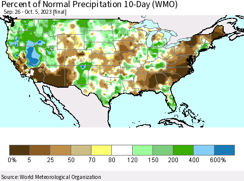 United States Percent of Normal Precipitation 10-Day (WMO) Thematic Map For 9/26/2023 - 10/5/2023