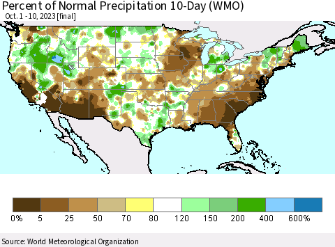 United States Percent of Normal Precipitation 10-Day (WMO) Thematic Map For 10/1/2023 - 10/10/2023