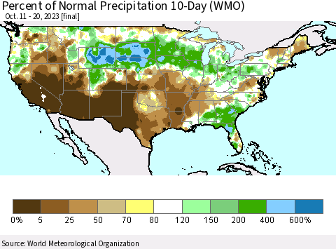 United States Percent of Normal Precipitation 10-Day (WMO) Thematic Map For 10/11/2023 - 10/20/2023