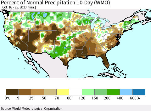 United States Percent of Normal Precipitation 10-Day (WMO) Thematic Map For 10/16/2023 - 10/25/2023
