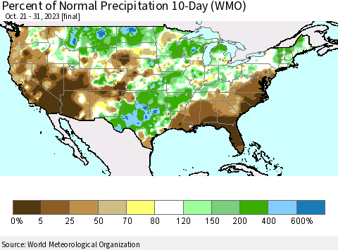 United States Percent of Normal Precipitation 10-Day (WMO) Thematic Map For 10/21/2023 - 10/31/2023
