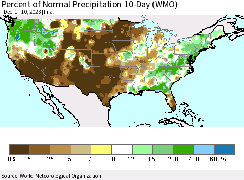 United States Percent of Normal Precipitation 10-Day (WMO) Thematic Map For 12/1/2023 - 12/10/2023