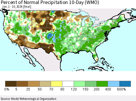 United States Percent of Normal Precipitation 10-Day (WMO) Thematic Map For 1/1/2024 - 1/10/2024