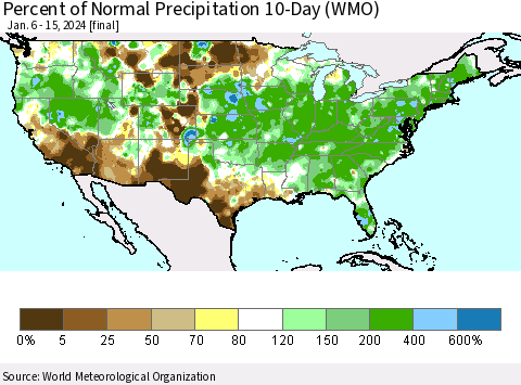 United States Percent of Normal Precipitation 10-Day (WMO) Thematic Map For 1/6/2024 - 1/15/2024