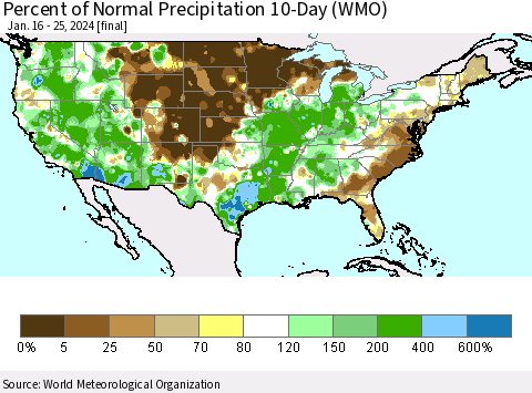United States Percent of Normal Precipitation 10-Day (WMO) Thematic Map For 1/16/2024 - 1/25/2024