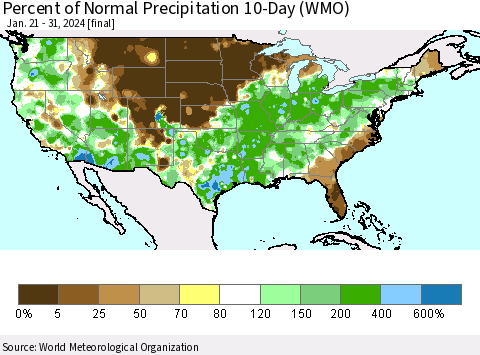 United States Percent of Normal Precipitation 10-Day (WMO) Thematic Map For 1/21/2024 - 1/31/2024