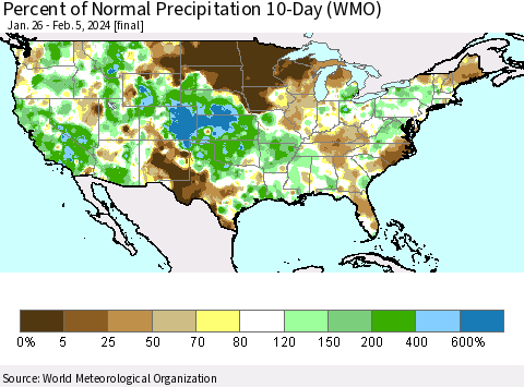 United States Percent of Normal Precipitation 10-Day (WMO) Thematic Map For 1/26/2024 - 2/5/2024