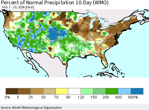 United States Percent of Normal Precipitation 10-Day (WMO) Thematic Map For 2/1/2024 - 2/10/2024