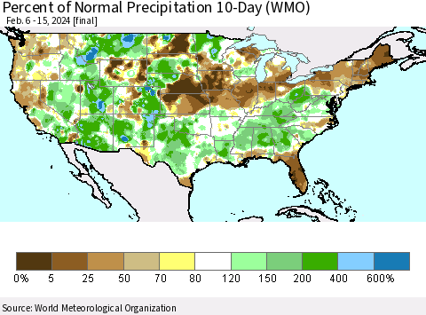 United States Percent of Normal Precipitation 10-Day (WMO) Thematic Map For 2/6/2024 - 2/15/2024