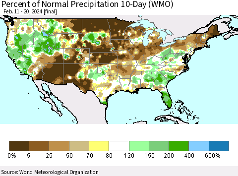 United States Percent of Normal Precipitation 10-Day (WMO) Thematic Map For 2/11/2024 - 2/20/2024