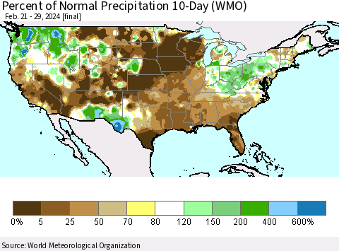 United States Percent of Normal Precipitation 10-Day (WMO) Thematic Map For 2/21/2024 - 2/29/2024