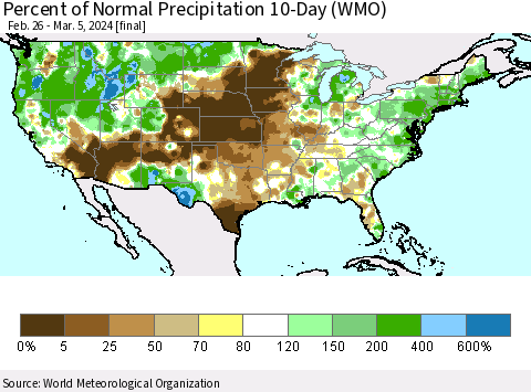 United States Percent of Normal Precipitation 10-Day (WMO) Thematic Map For 2/26/2024 - 3/5/2024