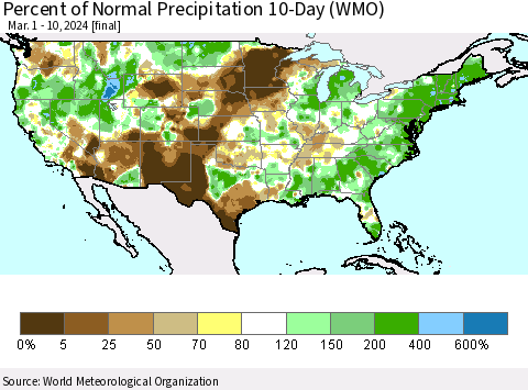United States Percent of Normal Precipitation 10-Day (WMO) Thematic Map For 3/1/2024 - 3/10/2024