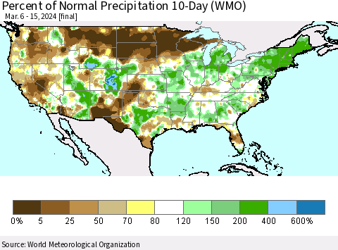 United States Percent of Normal Precipitation 10-Day (WMO) Thematic Map For 3/6/2024 - 3/15/2024
