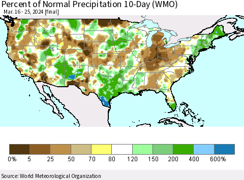 United States Percent of Normal Precipitation 10-Day (WMO) Thematic Map For 3/16/2024 - 3/25/2024