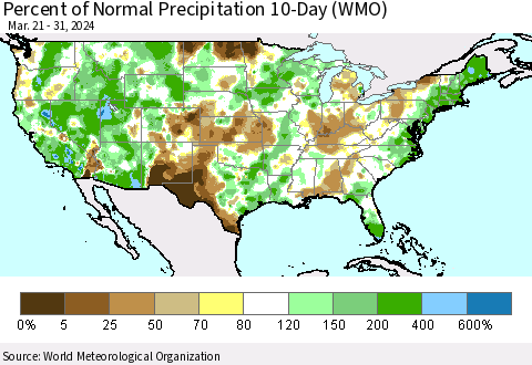 United States Percent of Normal Precipitation 10-Day (WMO) Thematic Map For 3/21/2024 - 3/31/2024