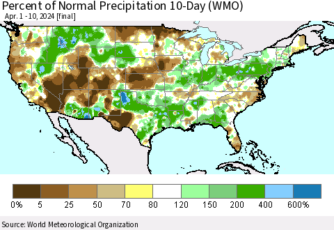 United States Percent of Normal Precipitation 10-Day (WMO) Thematic Map For 4/1/2024 - 4/10/2024