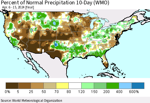United States Percent of Normal Precipitation 10-Day (WMO) Thematic Map For 4/6/2024 - 4/15/2024