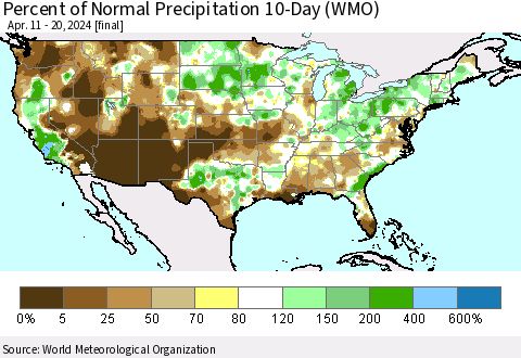 United States Percent of Normal Precipitation 10-Day (WMO) Thematic Map For 4/11/2024 - 4/20/2024