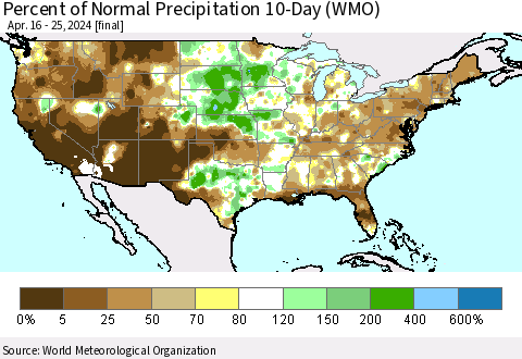 United States Percent of Normal Precipitation 10-Day (WMO) Thematic Map For 4/16/2024 - 4/25/2024