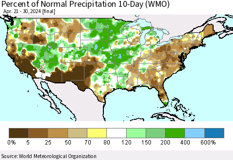 United States Percent of Normal Precipitation 10-Day (WMO) Thematic Map For 4/21/2024 - 4/30/2024