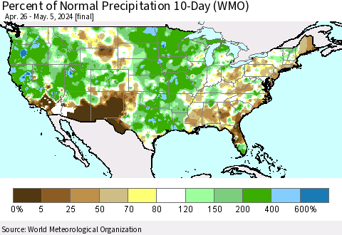 United States Percent of Normal Precipitation 10-Day (WMO) Thematic Map For 4/26/2024 - 5/5/2024