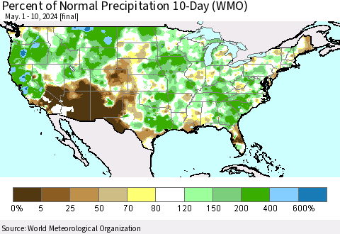 United States Percent of Normal Precipitation 10-Day (WMO) Thematic Map For 5/1/2024 - 5/10/2024