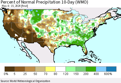 United States Percent of Normal Precipitation 10-Day (WMO) Thematic Map For 5/6/2024 - 5/15/2024