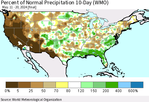 United States Percent of Normal Precipitation 10-Day (WMO) Thematic Map For 5/11/2024 - 5/20/2024