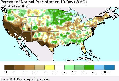 United States Percent of Normal Precipitation 10-Day (WMO) Thematic Map For 5/16/2024 - 5/25/2024