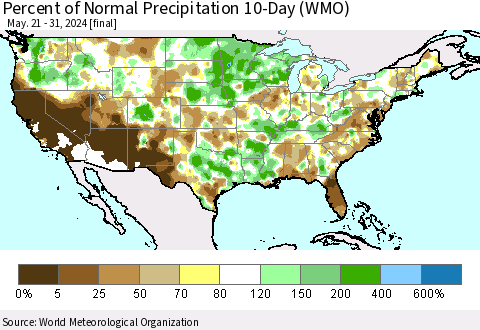 United States Percent of Normal Precipitation 10-Day (WMO) Thematic Map For 5/21/2024 - 5/31/2024