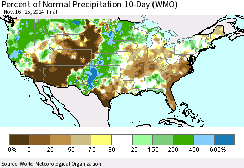 United States Percent of Normal Precipitation 10-Day (WMO) Thematic Map For 11/16/2024 - 11/25/2024