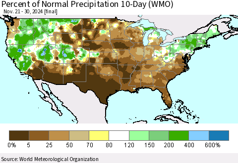 United States Percent of Normal Precipitation 10-Day (WMO) Thematic Map For 11/21/2024 - 11/30/2024