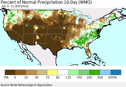 United States Percent of Normal Precipitation 10-Day (WMO) Thematic Map For 4/6/2025 - 4/15/2025