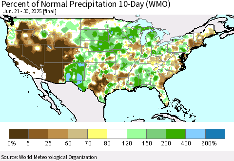 United States Percent of Normal Precipitation 10-Day (WMO) Thematic Map For 6/21/2025 - 6/30/2025