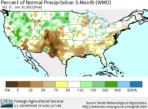 United States Percent of Normal Precipitation 3-Month (WMO) Thematic Map For 10/11/2021 - 1/10/2022